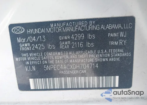 2013 Hyundai Sonata Limited z USA, uszkodzony, nr VIN 5NPEC4ACXDH704714